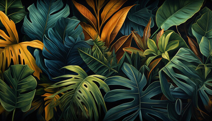 tropical plants and flowers background - obrazy, fototapety, plakaty