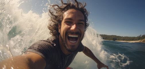Close-up action selfie of surfer riding wave.Extreme sport concept.
