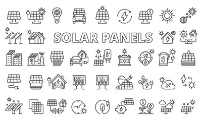 Solar panels icon set in line design. Energy, Green, Electricity, Charging, Solar Farm, Sun, Panel vector illustrations. Editable stroke icons.