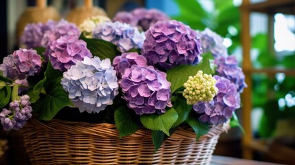 Colorful hydrangea flowers in a basket on the table. Mother's day concept with a space for a text....