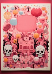 Halloween card in pink with castle, pumpkins and skull, Illustration