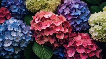 Colorful hydrangea flowers in the garden, stock photo. Mother's day concept with a space for a...