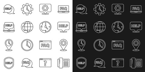 Set line Telephone, Location with gear, Speech bubble text Help, 24 hours support, Laptop and help, and icon. Vector