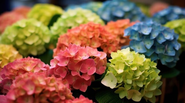 Colorful hydrangea flowers in the market, stock photo. Mother's day concept with a space for a text. Valentine day concept with a copy space.