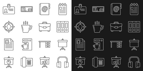 Obraz na płótnie Canvas Set line Headphones, Chalkboard with diagram, Office folders, Address book, Coffee cup, hunting concept, Identification badge and Briefcase icon. Vector