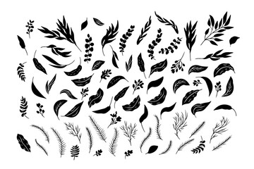 Bundle of black tropical leaves silhouettes isolated on white background
