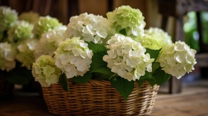 White hydrangea flowers in a basket on a wooden background. Mother's day concept with a space for a text. Valentine day concept with a copy space.