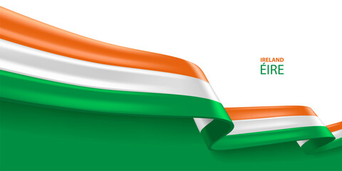 Ireland 3D ribbon flag. Bent waving 3D flag in colors of the Ireland national flag. National flag background design.