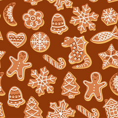 Seamless pattern of Christmas gingerbread cookies on a brown background.