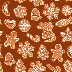 Materiał do szycia Seamless pattern of Christmas gingerbread cookies on a brown background.