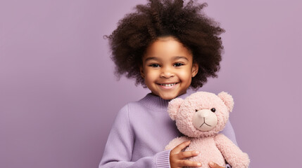 Black Girl in casual clothes have fun hold hug teddy bear
