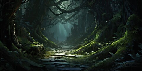 AI Generated. AI Generative. Misty magic fantasy deep green jungle forest. Adventure trail path background. Graphic Art - obrazy, fototapety, plakaty