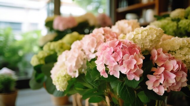 Pink and white hydrangea flowers in a basket on the table. Mother's day concept with a space for a text. Valentine day concept with a copy space.