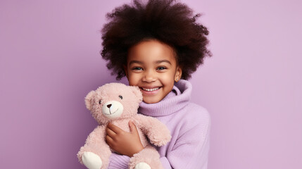 Black Girl in casual clothes have fun hold hug teddy bear