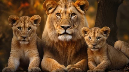 Gordijnen Family of friendly lions close-up © Veniamin Kraskov