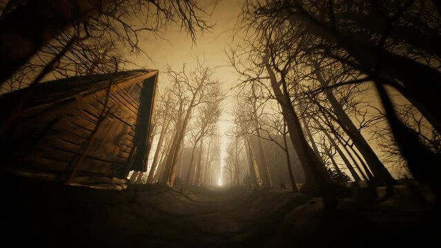 Looping Animation of Abandoned Wooden Forest Huts in a Dark Mysterious Forest