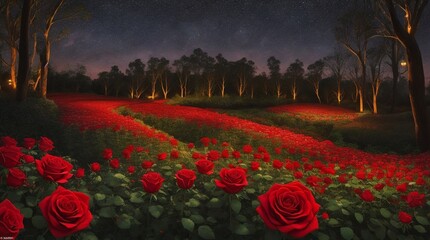 red roses garden with sunset