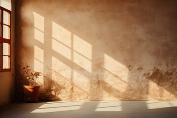 Beige plaster wall with shadows and a potted houseplant near the window with copy space