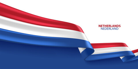 
Netherlands 3D ribbon flag. Bent waving 3D flag in colors of the Netherlands national flag. National flag background design.