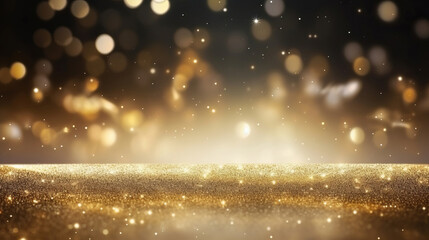Fototapeta na wymiar Gold glitter glow particle bokeh background. Festive celebration wallpaper concept