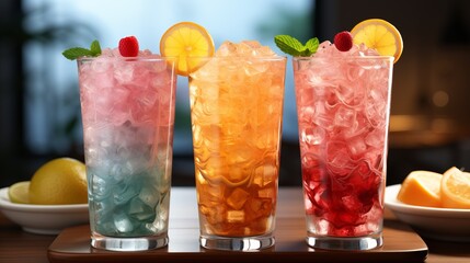 Multi-colored frozen ice drink made from juice. Sweet and very cold fruit lemonade. A variety with different cocktail flavors.