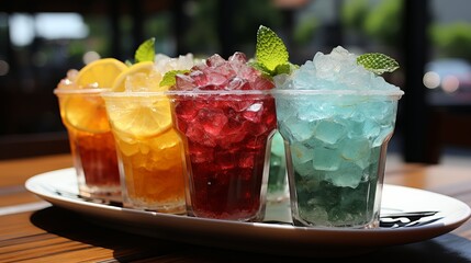 Multi-colored frozen ice drink made from juice. Sweet and very cold fruit lemonade. A variety with different cocktail flavors.