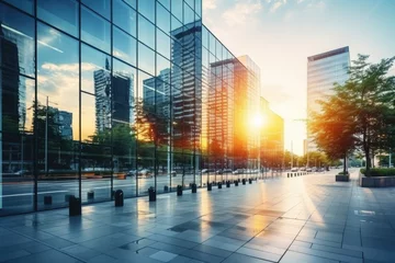 Foto op Canvas Modern office building or business center Tall buildings' windows made of glass reflect clouds and sunlight. Empty streets outside the walls of modern civilization business growth by Generative AI © chartchai