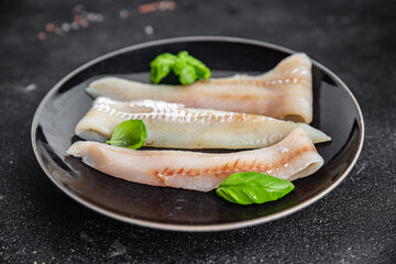 fish fish fillet blue whiting fresh seafood eating cooking appetizer meal food snack on the table copy space food background rustic top view