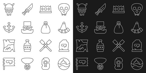 Set line Sea and waves, Magic rune, Hunting horn, King crown, Viking ship Drakkar, Anchor, Skull with viking helmet and Old money bag icon. Vector