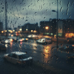 Rainy blurred, bokeh background, rain autumn evening in the city, Raindrops running down a window.