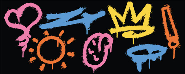 Set graffiti color spray paint. Collection of love, arrow, crown, angel, sun Isolated Vector © Titikdrawn