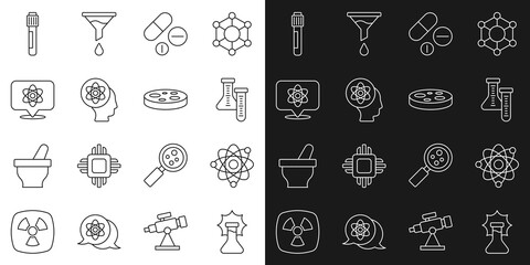 Set line Explosion in the flask, Atom, Test tube, Medicine pill or tablet, and Petri dish with bacteria icon. Vector