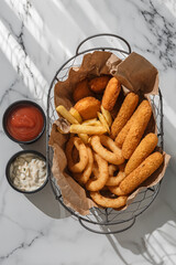 deep-fried beer snacks in a metal basket with craft paper. French fries, onion rings, squid rings,...