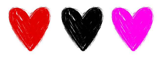 Set of Hand Drawn Hearts. Infantile Style Chalk-Like Black, Vibrant Pink and Bright Red Love Symbol. No Background. Doodle Style Sloppy Freehand Hearts of of Irregular Shape.