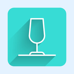 White line Wine glass icon isolated with long shadow background. Wineglass sign. Green square button. Vector