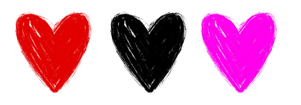 Set of Hand Drawn Hearts. Infantile Style Chalk-Like Black, Vibrant Pink and Bright Red Love Symbol. No Background. Doodle Style Sloppy Freehand Hearts of of Irregular Shape.