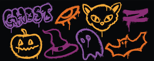 Set graffiti color spray paint. Collection of ghost, eye, pumpkin, bat, wizards hat Isolated Vector