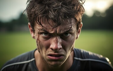 Close up of a soccer player with a strong facial expression