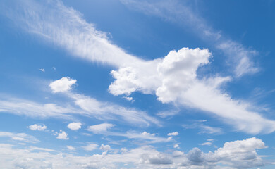 Fototapeta premium Panoramic view of clear blue sky and clouds, Blue sky background with tiny clouds. White fluffy clouds in the blue sky. Captivating stock photo featuring the mesmerizing beauty of the sky and clouds.