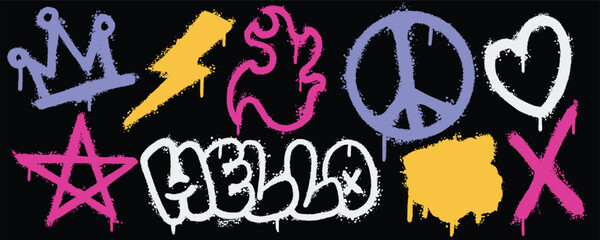 Set graffiti color spray paint. Collection of crown, lightning, fire, star, hello Isolated Vector © Titikdrawn