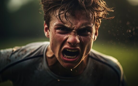 Close up of a soccer player with a strong facial expression - Powered by Adobe