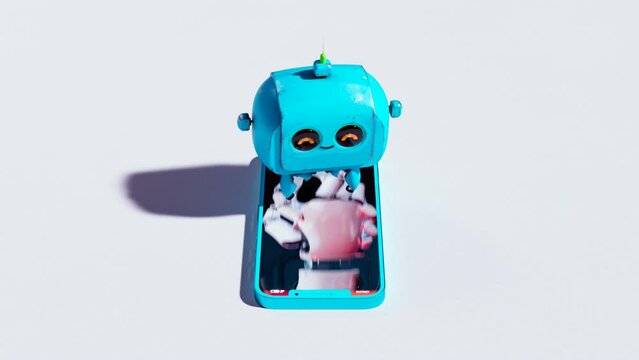 Cute 3D Robot Scrolling Through Smartphone Images, Illustrating the Joy and Love