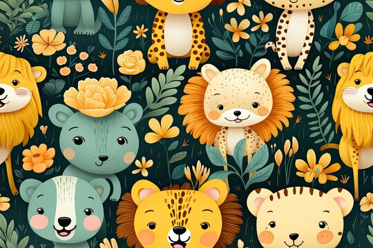 seamless pattern with cute animals illustrations,a simple design for baby room decor and nursery decoration.cartoon animas illustrations for nursery pattern.

