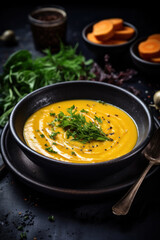 Bowl of pumpkin or carrot soup puree with ingredients and cutlery on a dark background