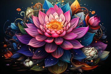 Generative ai picture pf colorful beautiful lotus water lily flower on pond yoga peace calm inspiration - obrazy, fototapety, plakaty