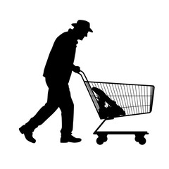 Old man push shopping cart silhouette, people shopping, shopper silhouettes on white