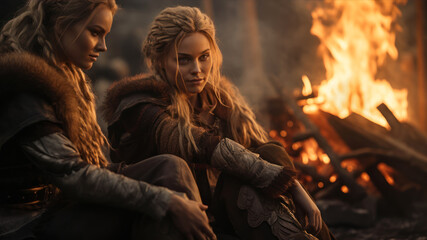 vikings seated in front of a fire, close - up