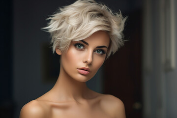 Generative AI picture of beautiful blonde woman fashion model after salon hairdresser procedure - obrazy, fototapety, plakaty