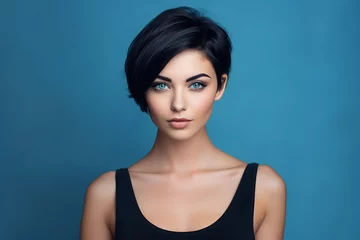 Deurstickers Generative AI picture of beautiful woman fashion model black hairstyle blue eyes © Tetiana