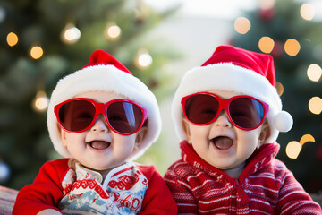 Generative AI photography of two cute joyful adorable babies dressed santa claus stylish costume celebrate theme party - obrazy, fototapety, plakaty